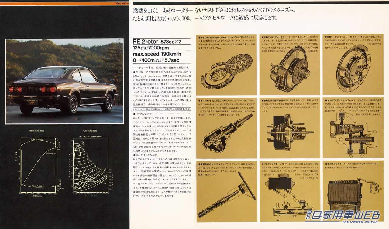 マツダ サバンナ クーペ「GT」のカタログ|「非常に美しい…」70年代が生んだ不朽の名作。アクセルを踏み込めば、最高速度は180キロ、ゼロヨン加速は15.9秒をマークする。