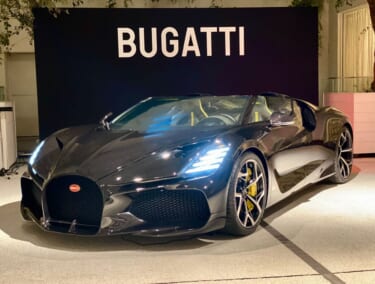 これが7億円の車だ!ブガッティ「W16ミストラル」が日本初披露!コラボした高級時計2億円も展示!