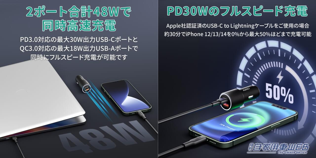 |タイプAとタイプC対応の高出力カーチャージャー!最新のiPhoneも約30分で50%充電可能!