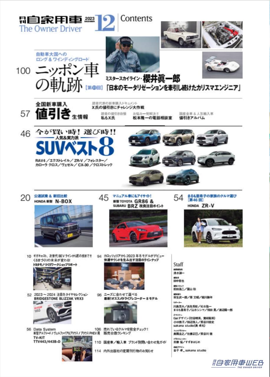 |ジャパンモビリティショー2023注目モデルガイド/鮮烈デビュー!フラッグシップに新たな仲間!TOYOTA「クラウンスポーツ」魅力詳解&セダン・エステート最新情報/HONDA新型「N-BOX」試乗リポート&徹底研究/今が買い時!選び時!!「SUVベスト8」/全国新車値引き生情報ほか【月刊自家用車12月号(10月26日発売)】