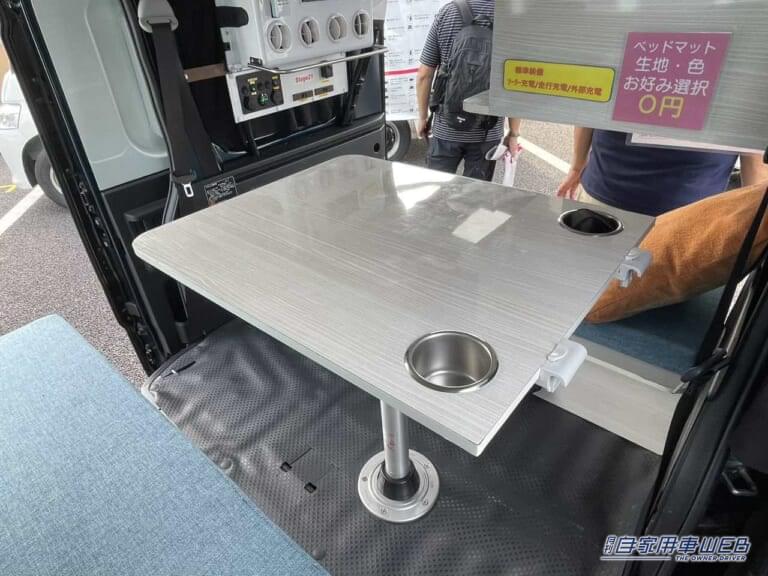 適度なサイズ感のテーブル。|「ビジホより良いかも」「こりゃ住めるぞ…」とんでもない装備の軽キャンパー。クーラー・ヒーター・冷蔵庫・換気扇・ソーラーパネル。