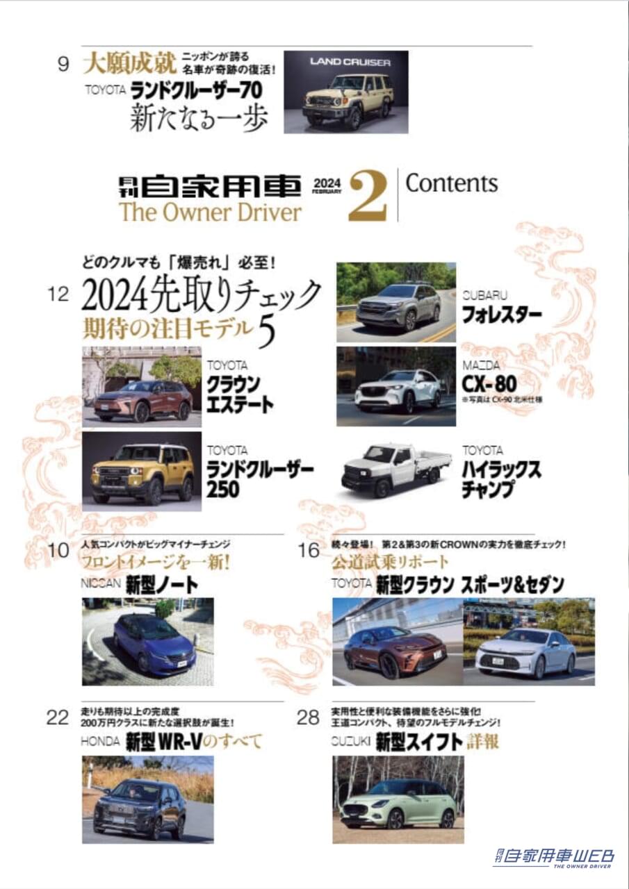 |2024の“主役たち”勢揃い!/TOYOTA「新型クラウン スポーツ」「新型クラウン セダン」「新型クラウン エステート」の魅力/HONDA「新型WR-V」先行試乗/SUZUKI「新型スイフト」見どころチェック/NISSAN「新型ノート」驚きのMC/MITSUBISHI「新型トライトン」遂に上陸!/SUZUKI「新型スペーシア」試乗/全国新車値引き生情報ほか【月刊自家用車2月号(12月26日発売)】