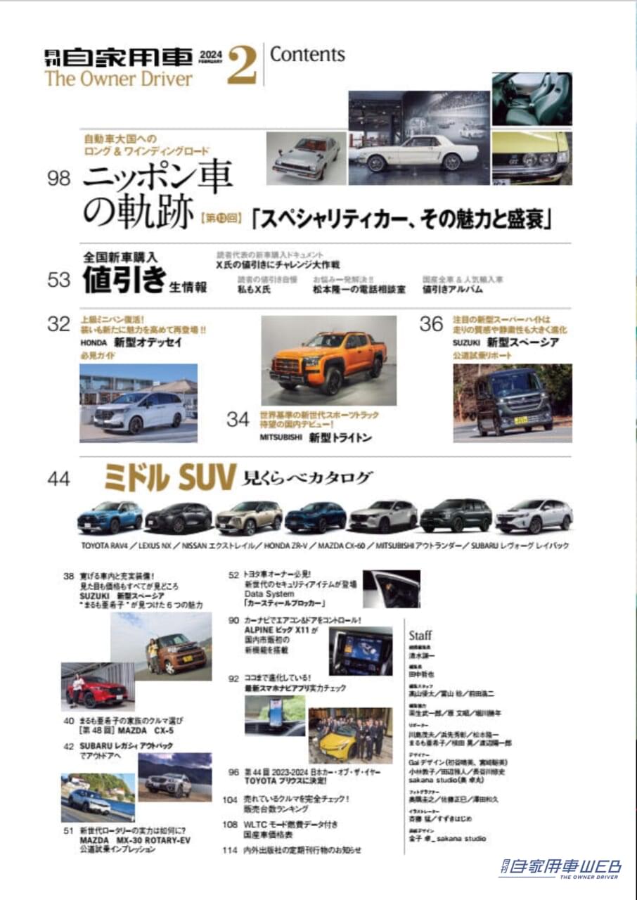 |2024の“主役たち”勢揃い!/TOYOTA「新型クラウン スポーツ」「新型クラウン セダン」「新型クラウン エステート」の魅力/HONDA「新型WR-V」先行試乗/SUZUKI「新型スイフト」見どころチェック/NISSAN「新型ノート」驚きのMC/MITSUBISHI「新型トライトン」遂に上陸!/SUZUKI「新型スペーシア」試乗/全国新車値引き生情報ほか【月刊自家用車2月号(12月26日発売)】