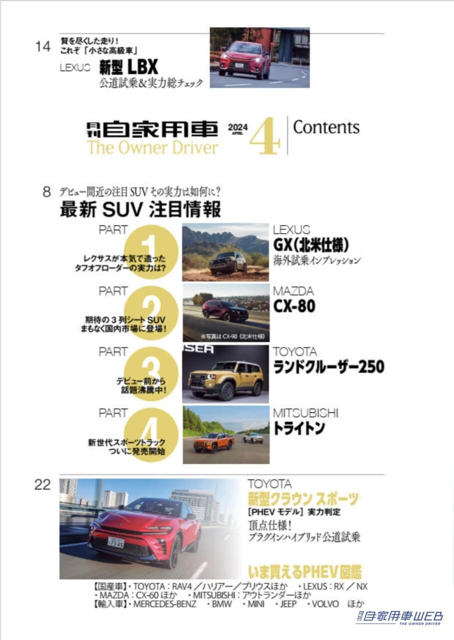 |走り洗練!期待以上の高級車だ!「LEXUS 新型LBX試乗リポート&ライバル対決」「レクサスSUV選び指南」/最新SUV注目情報「LEXUS 新型GX海外試乗リポート」ほか/TOYOTA 新型クラウンスポーツPHEV実力判定/今買える!PHEVモデル大図鑑/SUZUKI 新型スイフト公道試乗&詳細チェック/HONDA「Nシリーズ」見比べガイド/全国新車値引き生情報ほか【月刊自家用車4月号(2月26日発売)】