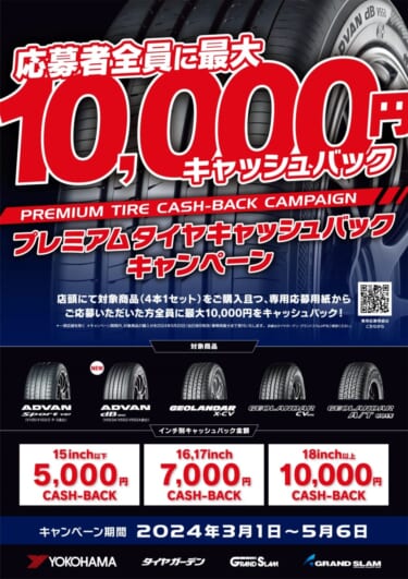 横浜ゴム、「タイヤガーデン」「グランドスラム」にてお得なキャッシュバックキャンペーンを実施
