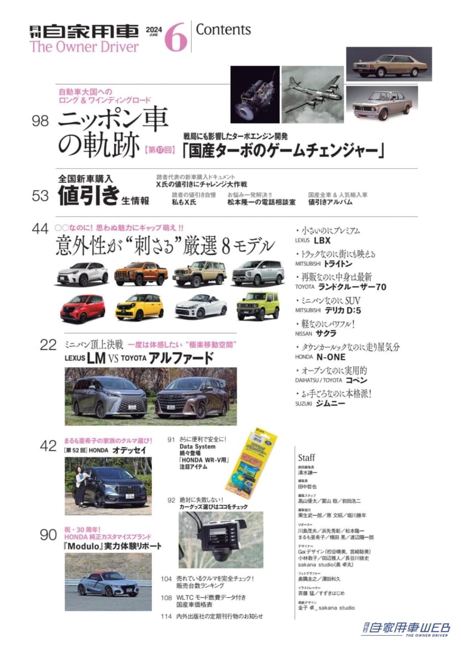 |新世代のプレミアムオフローダーついに国内デビュー!「LEXUS GX 詳報」/新型「キックス」北米で鮮烈デビュー/新型 HONDA ヴェゼル 魅力解剖/一度は体感したい”極楽空間移動”ミニバン頂上決戦「LEXUS LM VS TOYOTA アルファード」/○○なのに△△!思わぬ魅力にギャップ萌え!!意外性が刺さる厳選8モデル/全国新車値引き生情報ほか【月刊自家用車6月号(4月25日発売)】