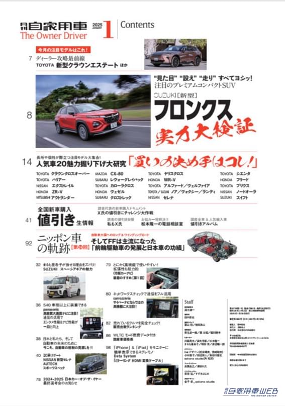 |【月刊自家用車1月号発売】人気モデル20魅力大研究/SUZUKIフロンクス実力大検証/ニッポン車の軌跡/全国新車値引き生情報etc.