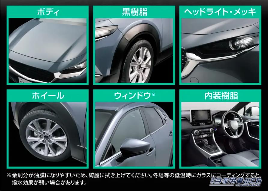 撥水性や艶がほしい車の各部にも使用できる。|「…嘘でしょ? 黒樹脂が」SUVに最適!黒さは際立ってナンボ。5年の歳月をかけて完成した高機能コーティング剤。