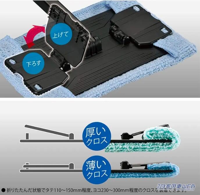 クイックロック機構でクロスはクリップの開閉で簡単に着脱可能。2段階ロックで厚いクロスも薄いクロスにも対応する。