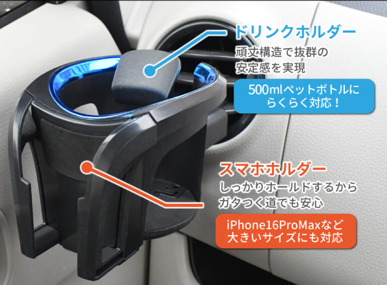 スマホ＆ドリンク 2in1ホルダー［シズカウィル］｜「一見、普通のドリンクホルダーだが？」「1つで二役はうれしい」意外な追加機能で車内もスッキリ。簡単装着のグッズを紹介。