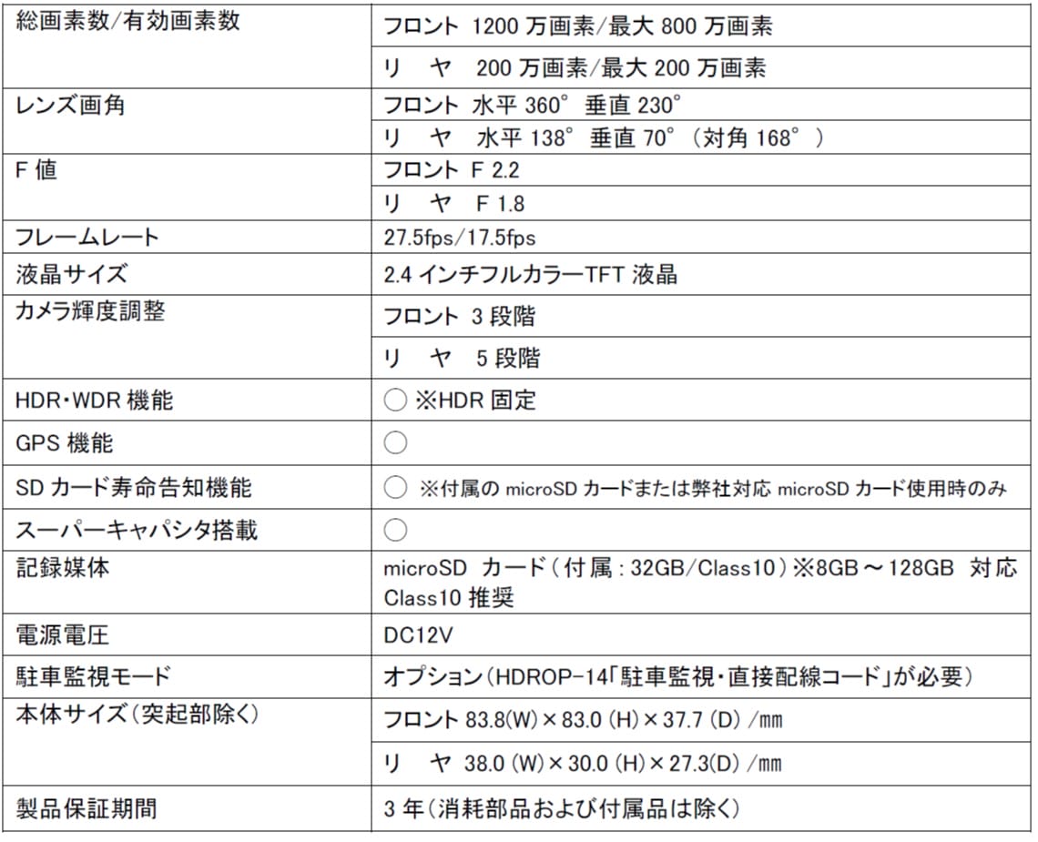 ZDR-850R［コムテック］の製品仕様表。｜［7月10日発売］トップブランドの注目の最新作。「暗くてよく見えねぇわ…」という不満を解消した高性能モデルが登場！［コムテック ZDR-850R］