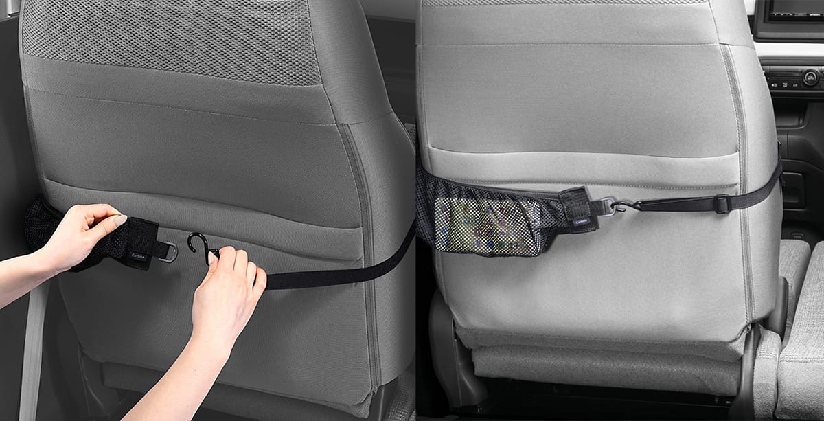 カーメイトのCZ502 座席につける荷物固定ネットの装着手順を解説した写真|「そうやって使うんだ?」「確かに理にかなってる…」あらゆる車種に対応。すぐに取り付けたいアイデア カーグッズを紹介