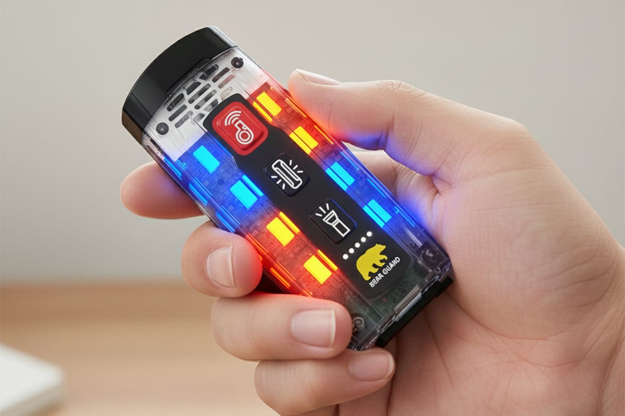 携行型安全デバイス「ベアーガード（BEAR GUARD）」［株式会社TCL］を手に持った写真｜「これは珍しい…」「そんな方法があるんだ？」ダブルの効果で威力を発揮。自動車販売業者が開発したユニークなデバイスを紹介。