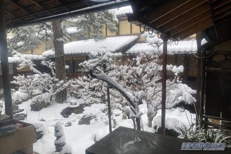 筆者宅、中庭に積もった雪。｜「まさかの弱点が」「ちょっと嫌だね」現代の車で発生する“突然の暗闇”が怖すぎる。知らないと結構危ないかも。