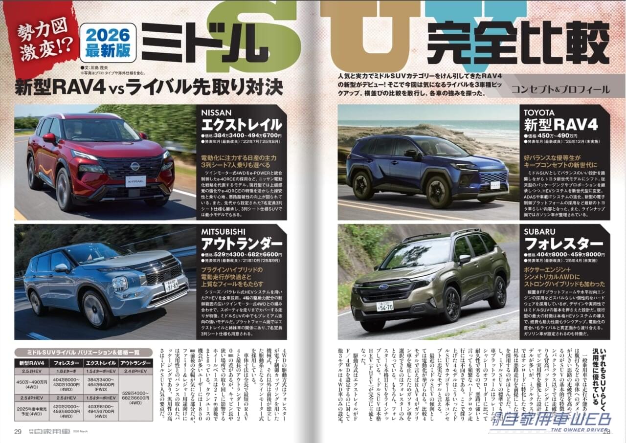 |【月刊自家用車3月号発売】新型RAV4魅力全解剖/2026-2027主役モデル大研究/ミドルSUVライバル先取り対決/東京オートサロン2026注目モデルリポート/人気車購入必勝法etc.