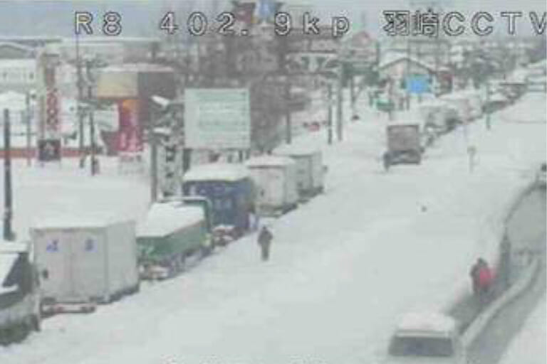 福井県坂井市で、積雪の影響によりクルマやトラックが立ち往生している様子。｜「これはグリップ力高そう…」雪にガッチリ食い込む布製チェーン発見！ 鮮やかカラーでデザイン性も抜群！