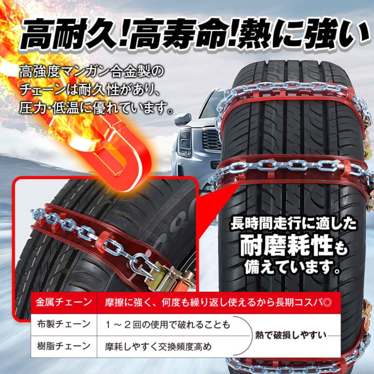 金属スノーチェーン『K-TIR08』（MAXWIN）｜「これは革新的だわ」新規制対応の金属タイヤチェーン。布製との併用も効果的。「この装着方法は確かに理にかなってる」