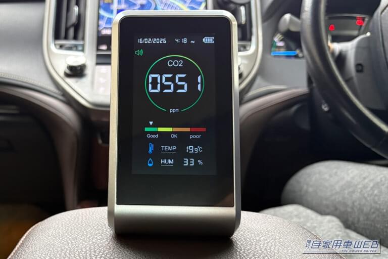 外気導入で30分ほど運転した後の二酸化炭素濃度計の数値｜「そのエアコン設定 実はヤバい…」愛車の花粉対策。知らないと車内が地獄に。2026年春のピーク直前対応マニュアル