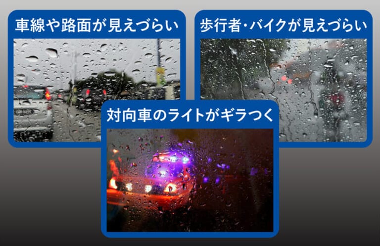 自動車の窓ガラスに雨の水滴が付着して視界が悪い状況を説明する画像｜「えっ…どういう原理なの？」施工時間はたったの3分。現象を捉えた動画が大きな話題に。驚異的な効果を発揮する「ゼロワイパーウィンドウコート」を紹介。
