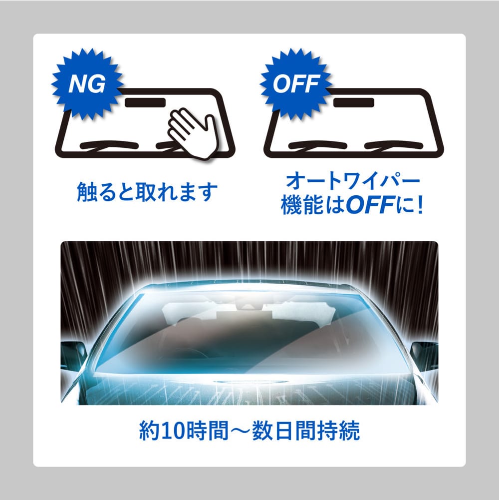 ゼロワイパーの施工後の注意を説明する画像｜「えっ…どういう原理なの？」施工時間はたったの3分。現象を捉えた動画が大きな話題に。驚異的な効果を発揮する「ゼロワイパーウィンドウコート」を紹介。