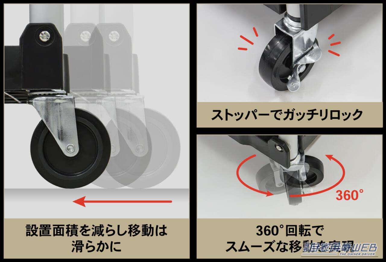 クラフトワークス クラフトワゴン（ファンスタンダード）のキャスター部分の説明画像｜「この発想はなかった…」とんでもない格納性！クルマの空いたスペースにもスッポリ積載。一度使うと手放せない、超便利アイテムを紹介！［クラフトワゴン］