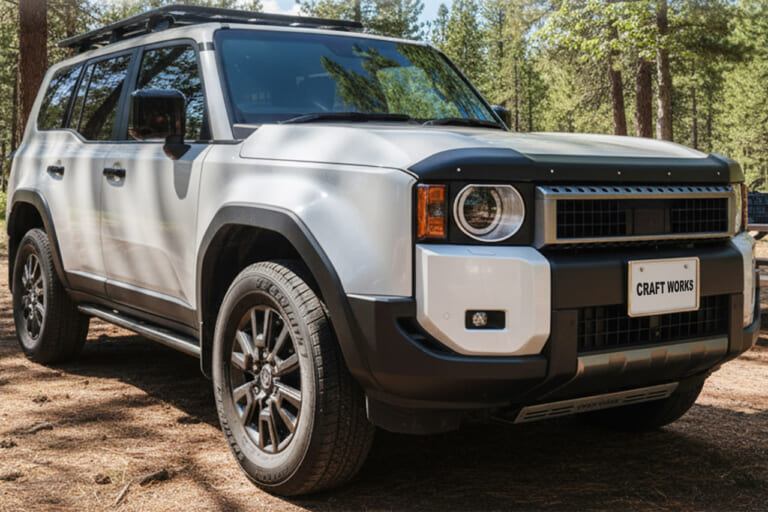 クラフトワークスのバグガードを装着した、トヨタのランクル250｜「えっ…そんな効果があったんだ？」SUV車でよく見る黒いパーツ。実はちゃんと機能があった！これからの季節に装備したいカスタムパーツを紹介