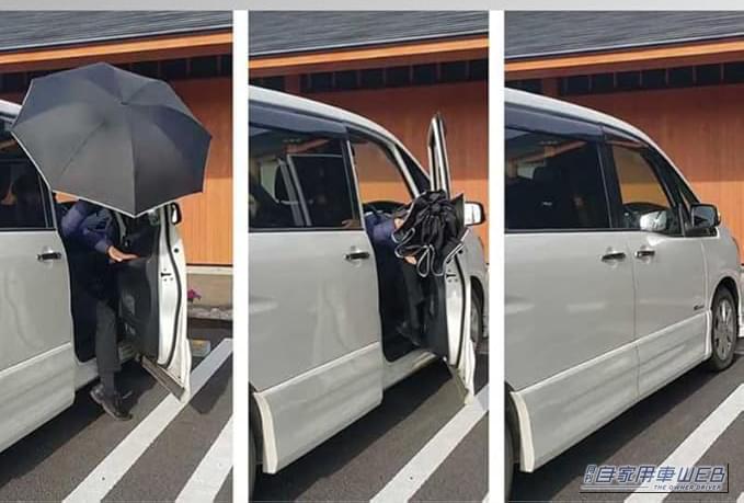 NURASANシリーズ（車の乗降シーン）｜「これで、今まで雨の日に悩まされていたアレが解決！」車内の水濡れから解放してくれる、そんな革命的なアンブレラ『NURASAN』　