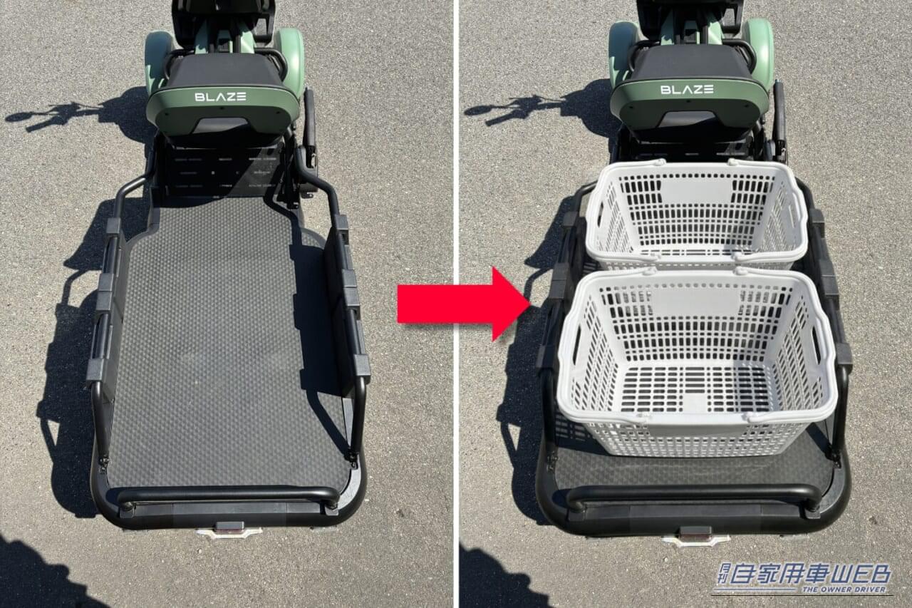 荷台には買い物カゴが二つのる。｜“免許返納後の移動問題”これで解決!? 「免許なし」「車検なし」「新車54万円」で荷物も運べる！ “クルマを手放した親世代”に教えたい4輪EV「ブレイズ イーカーゴ」福井で体験試乗会