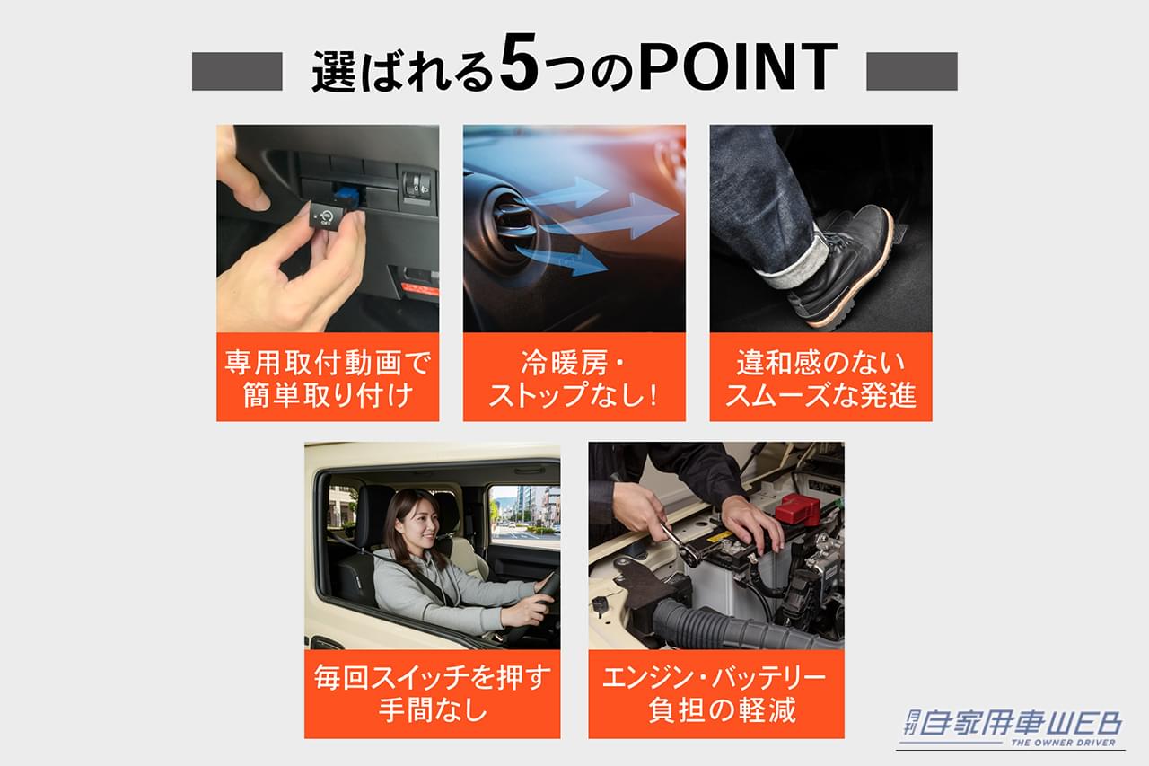 クラフトワークスのアイドリングストップキャンセラーが、多くの人に選ばれる5つのポイントをまとめた写真｜「マジでイライラするわ…」アイドリングストップ機能を常時OFFできる！純正スイッチのように取付可能な［アイドリングストップキャンセラー］を紹介！