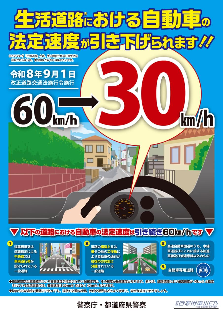 ポスター｜【注意】「住宅街での暴走許さない！」９月１日から、生活道路における自動車の法定速度が30km/hに引き下げられる‼︎
