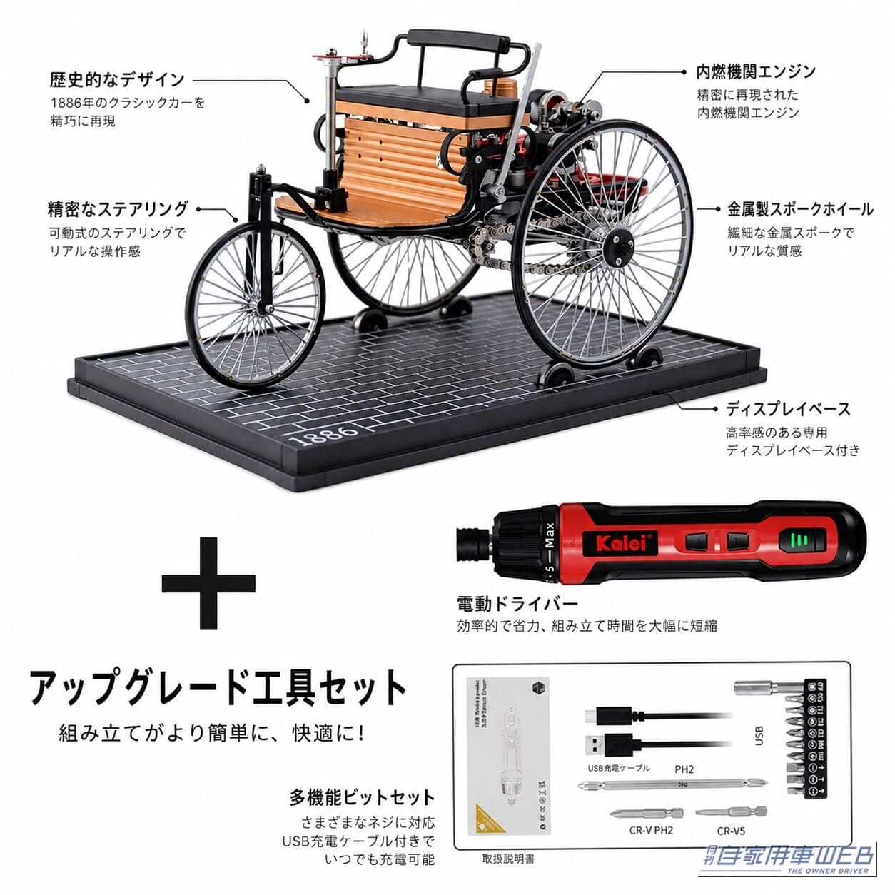 ベンツ パテントモーターワーゲン(DM229)|時空を超えた体験が楽しめる!世界初の自動車「ベンツ パテントモーターワーゲン」が精密3D金属模型として登場