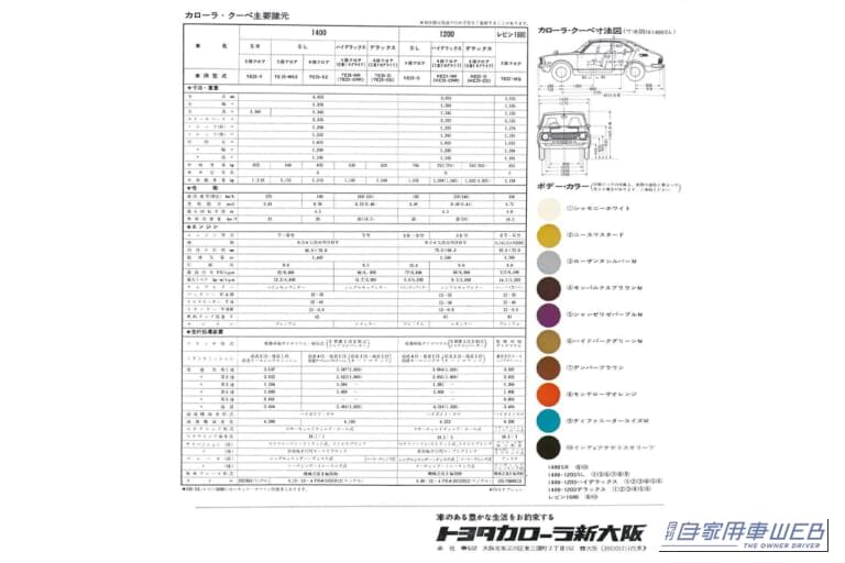 初代カローラ クーペのカタログに掲載されていた主要諸元表。｜「えっ…54年前とは思えない」 美しいデザインが印象的なトヨタの名車。今も色褪せない初代のカローラ クーペを紹介