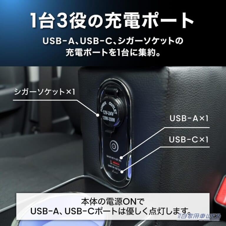 1台3役の充電ポート|「ここにこれが欲しかった…!」アトレー・ハイゼットカーゴの「収納ない」「充電できない」「肘置きほしい」を解決!かゆいところに手が届く専用コンソールボックスを紹介