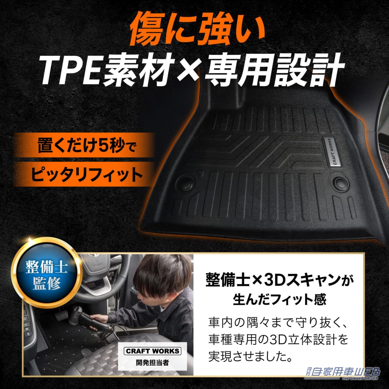 TPE素材の使用と、専用設計を表現する、クラフトワークスのゴリラマットベースの解説写真｜「この発想はなかった…」革新的なフロアマットが登場。純正品をそのまま活かせる［ゴリラマットベース］を紹介！ トヨタの人気ミニバン「ノア・ヴォクシー」にピッタリ！