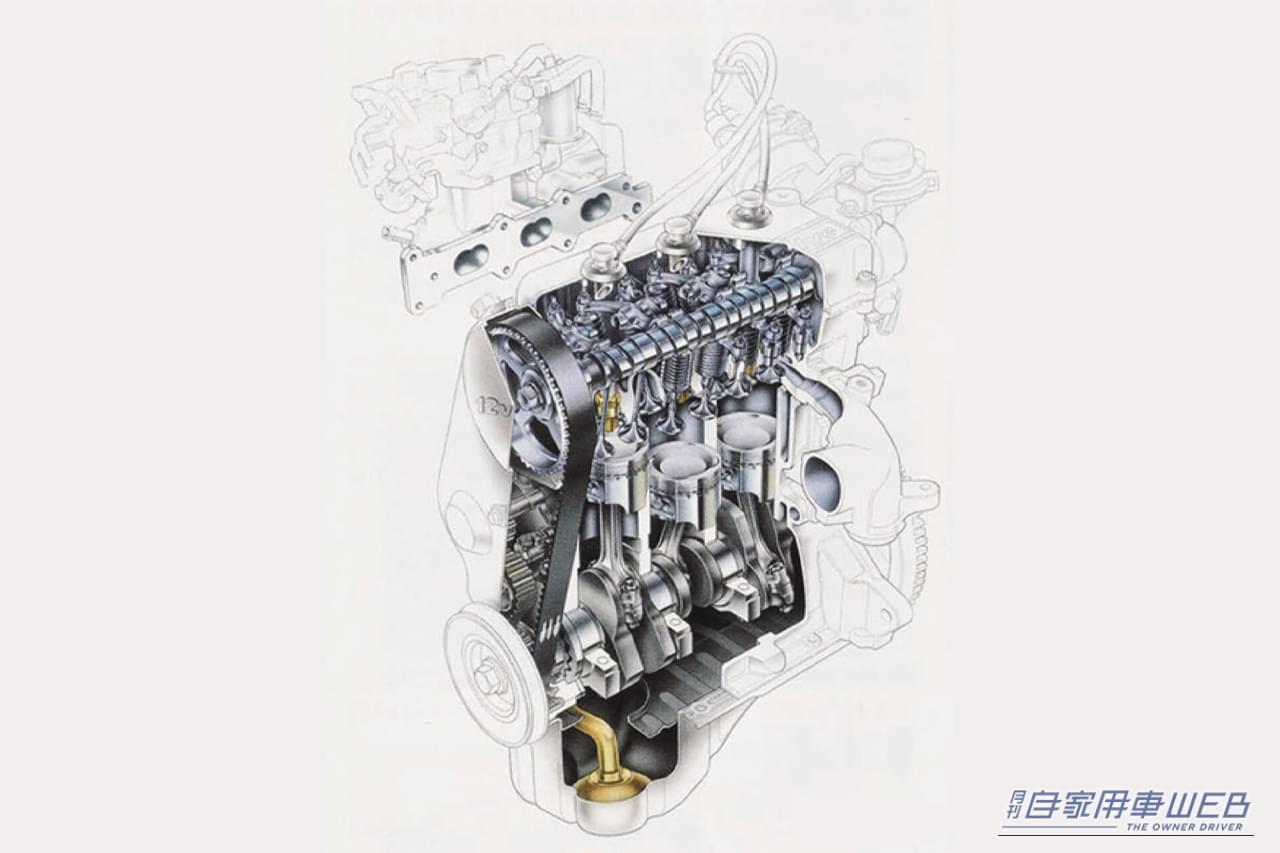 カプチーノ初期モデルに搭載された、F6A型エンジンの透過イラスト｜「改めて見るとやっぱスゴい…」バブルが生んだ贅沢過ぎる軽自動車。高級スポーツカー並みの技術を多数採用。採算度外視で開発されたスズキの名車「初代 カプチーノ」
