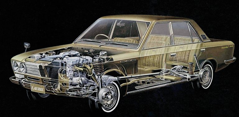 初代ローレルセダン1800GL(1970年)透視図|「59年前に登場、欧州基準の走りを目指したハイオーナーカー」 旧プリンス自動車から継承された『G型エンジン』と『流れるウインカー』…、先進技術を纏った高級車【初代・日産ローレル】
