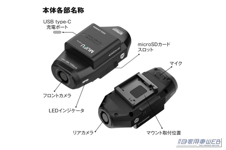 MAXWINの充電式ドライブレコーダーMF-BDVR004の各部機能説明｜「もうコレで十分じゃん」面倒な配線は不要。車種選ばず簡単取付け。載せ替えOKでコスパもいい充電式ドライブレコーダー［MAXWIN・MF-BDVR004］を紹介