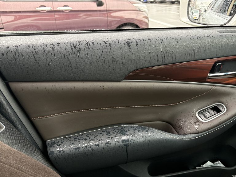 雨の日に、クルマの助手席側の窓を開けて、車内が濡れてしまった状態の写真|「その手があったか…」水滴で見えない助手席側ドアミラー。運転席から一気にクリアにする方法。伸縮式ワイパーを実際に購入! 隠れた名作カーグッズだと確信した理由