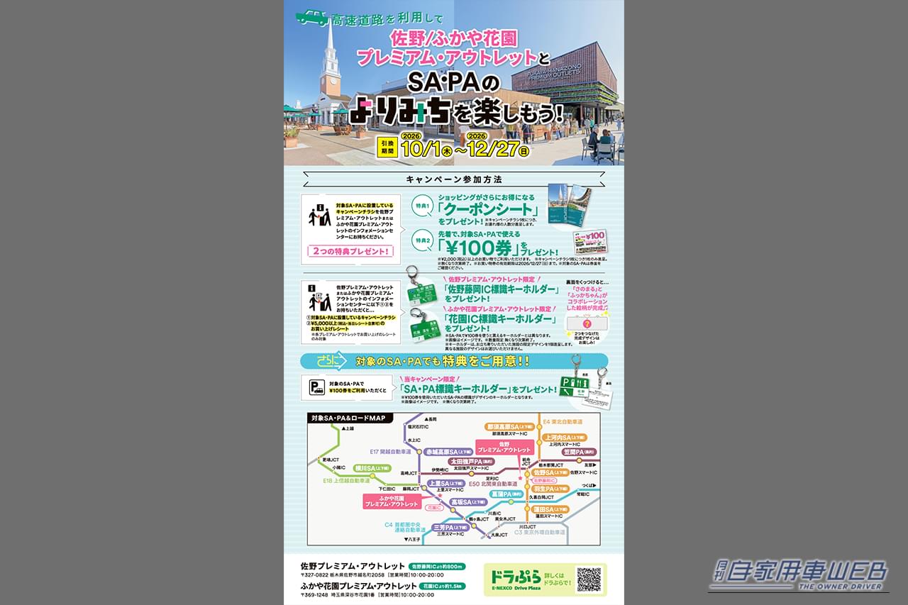 高速道路を利用して 佐野/ふかや花園プレミアム・アウトレットとSA・PAのよりみちを楽しもう！キャンペーンのチラシの見本｜［10月1日開始］「コレめっちゃ欲しい」お買い物を楽しんで“標識キーホルダー”をゲット！ 佐野/ふかや花園プレミアム・アウトレット×NEXCO東日本コラボキャンペーン情報