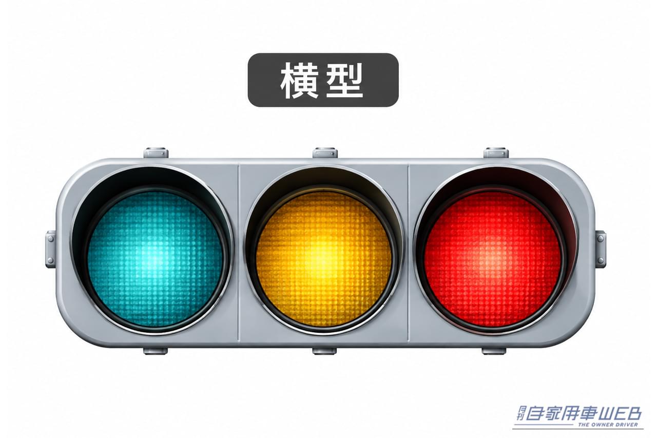 横型の信号機のイラスト｜信号機「黄色は真ん中、赤と青はどっちだっけ…」“色の並び”は全国共通。実はこの順番にもちゃんと理由があった！ 意外と知らない信号の常識