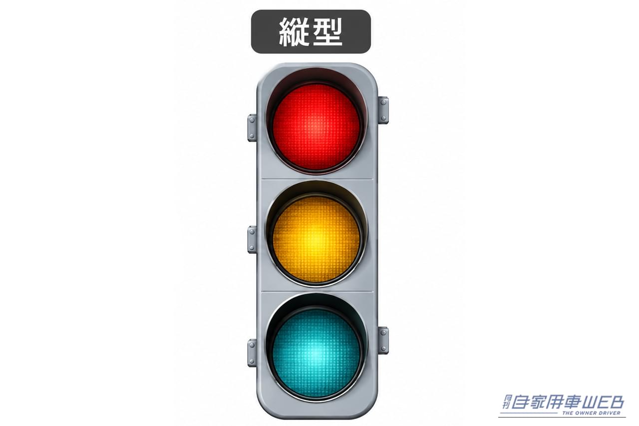 縦型の信号機のイラスト｜信号機「黄色は真ん中、赤と青はどっちだっけ…」“色の並び”は全国共通。実はこの順番にもちゃんと理由があった！ 意外と知らない信号の常識