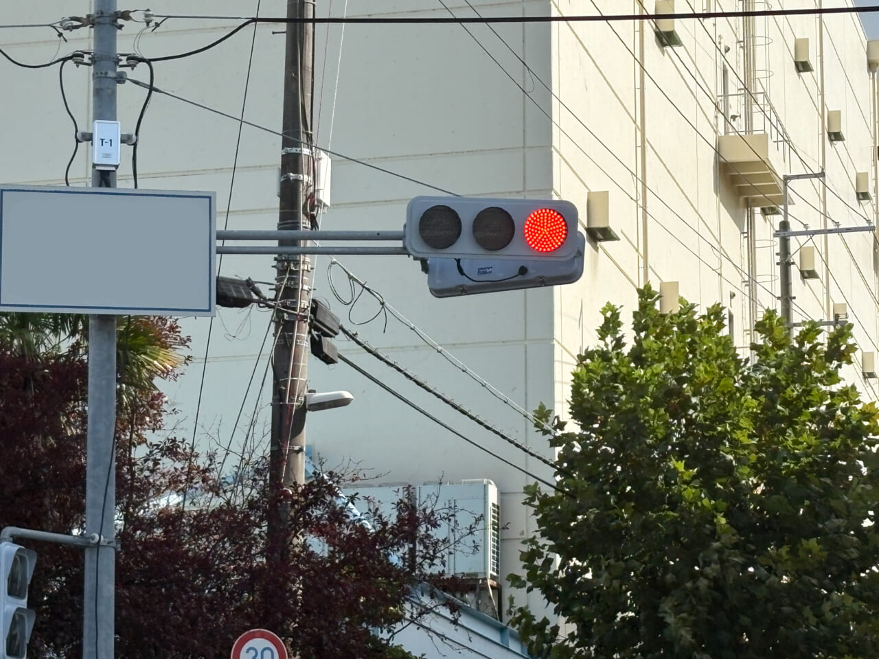 赤が点灯している、LEDタイプの信号機｜信号機「黄色は真ん中、赤と青はどっちだっけ…」“色の並び”は全国共通。実はこの順番にもちゃんと理由があった！ 意外と知らない信号の常識