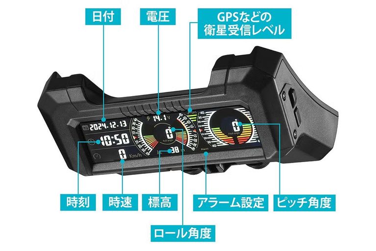 カーメイトのジムニー専用デジタルランドメーター（CX504K）の製品写真｜「デッドスペースにぴったりハマる」コックピット感が一気に高まる！ 様々な車両情報を画面に表示。［カーメイト・ジムニー専用デジタルランドメーター］