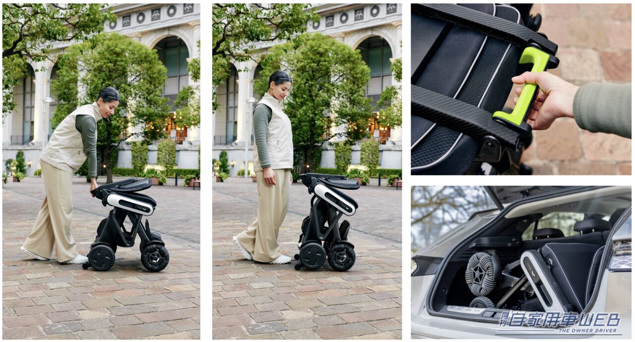 折りたたみハンドルを片手で握るだけで折りたたみと展開が可能。車の荷室にもコンパクトに収まる。|「家電量販店で買えるの!?」18.6kgでクルマにも積める! 片手で折りたためて50mmの段差も走破、46万8000円~の新型近距離モビリティ「WHILL Model C Lite」