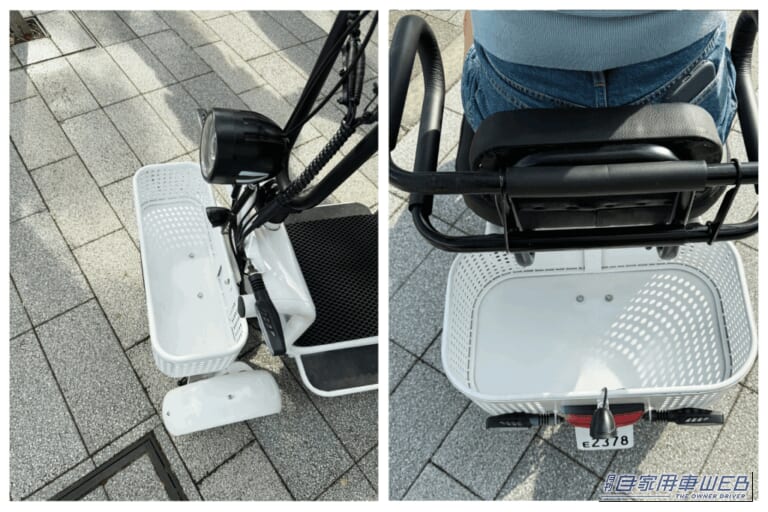 前後カゴ｜「42万8000円」「収納約72L・耐荷重150kg」「家庭用コンセントで充電」免許返納後もこれなら乗れる！ 国の基準をクリアした4輪EV「エレポーター」