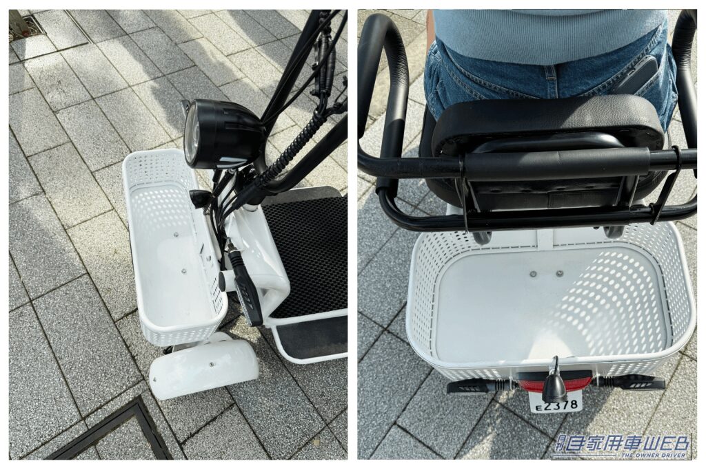 前後カゴ|「42万8000円」「収納約72L・耐荷重150kg」「家庭用コンセントで充電」免許返納後もこれなら乗れる! 国の基準をクリアした4輪EV「エレポーター」