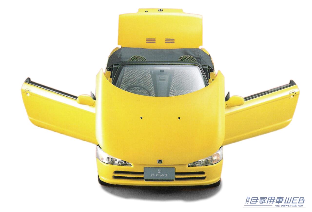 ホンダビートのフルオープン時の画像｜「8500回転というバイク並みの高回転エンジン」35年前に登場した軽ミッドシップスポーツはF1譲りのメカニズムだった！【ホンダ・ビート】