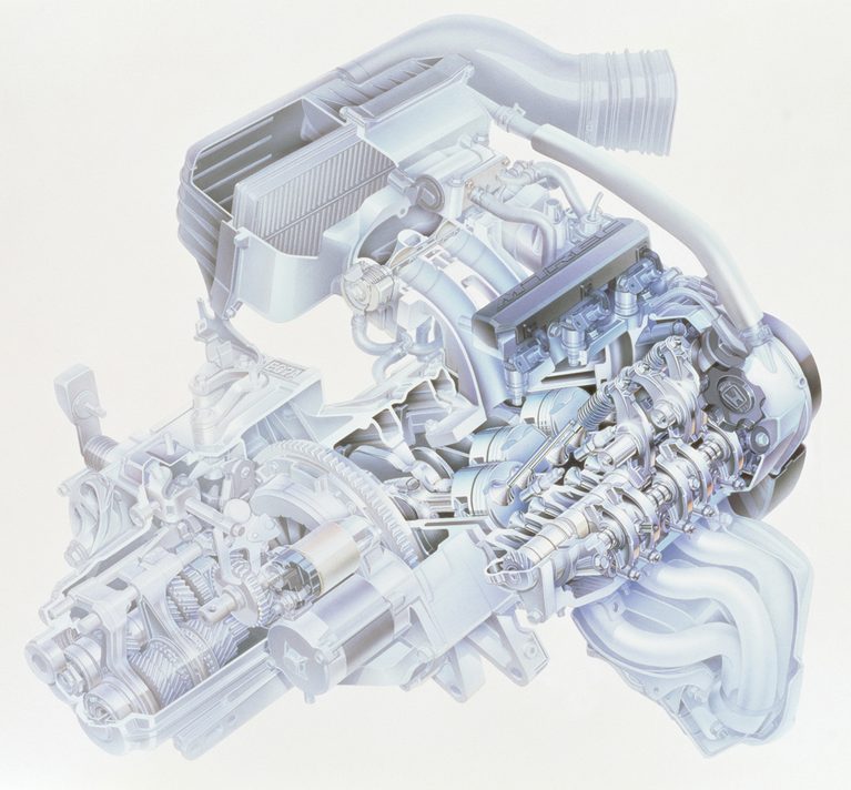 ホンダビートのエンジン透視図|「8500回転というバイク並みの高回転エンジン」35年前に登場した軽ミッドシップスポーツはF1譲りのメカニズムだった!【ホンダ・ビート】
