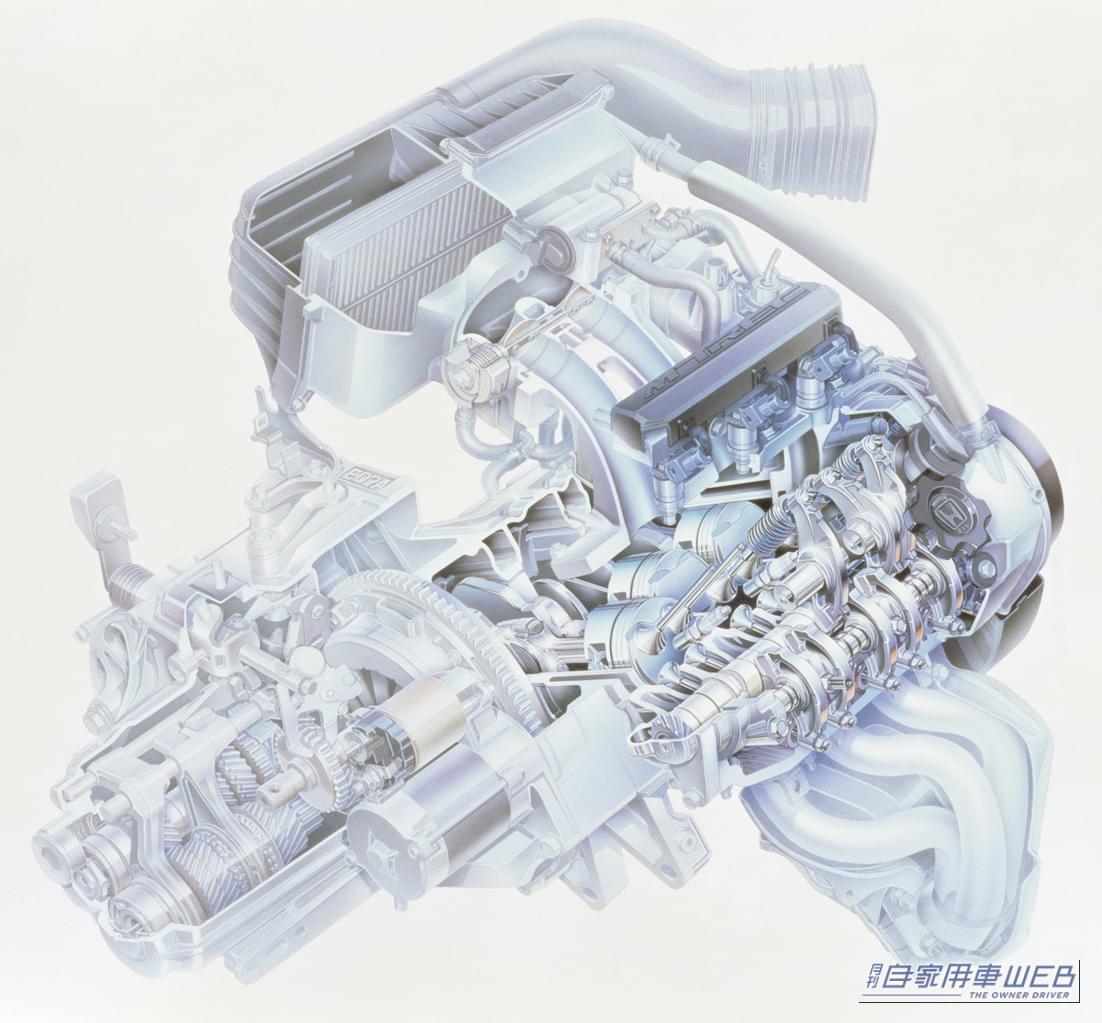 ホンダビートのエンジン透視図｜「8500回転というバイク並みの高回転エンジン」35年前に登場した軽ミッドシップスポーツはF1譲りのメカニズムだった！【ホンダ・ビート】