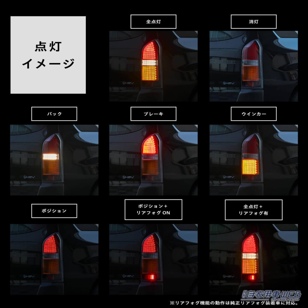 両側合計 128LED を採用。全てに高輝度LEDを採用したオールLED。|「商用バンがこんなに洒落た後ろ姿に!?」トヨタ・プロボックスがレトロ仕様に! 電球のようにふわっと消えるLEDテールランプ登場